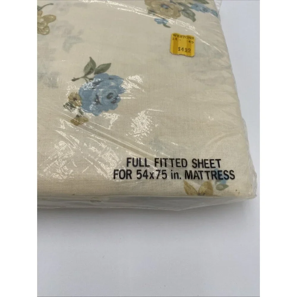 Vintage Tastemaker Fitted Sheet Full Size White Blue Floral Made in USA NEW NOS